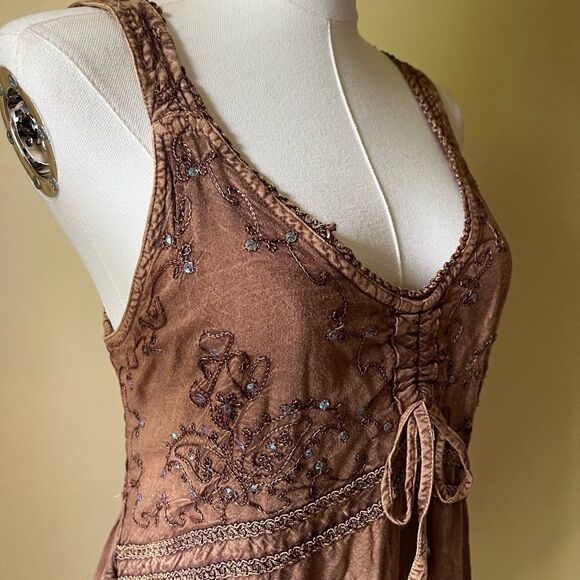 Vintage Y2K Brown Embroidered Slip Dress Fringe Hem Boho Summer Festival Small - Picture 5 of 10